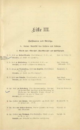 Liste III. Hofstaaten und Gefolge