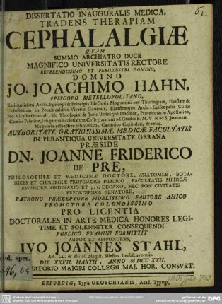 Dissertatio Inauguralis Medica, Tradens Therapiam Cephalalgiae