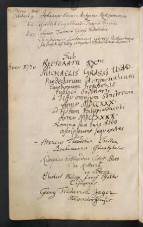 Winterhalbjahr 1730/1731. Rektorat Michael Graß