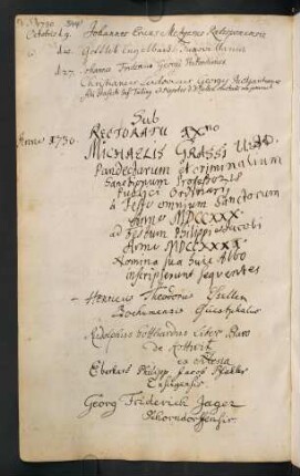 Winterhalbjahr 1730/1731. Rektorat Michael Graß