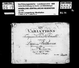 Ludwig van Beethoven: XIV / Variations / pour le / Fortepiano, Violon et Violoncelle / composés par / L.v. Beethoven / Oeuvre 44 / Propriété des Editeurs constaté par l'Auteur Leipzig, Hoffmeister et Kühnel.