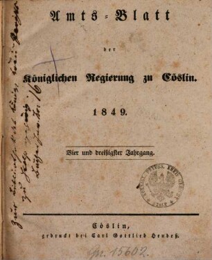 Amts-Blatt der preußischen Regierung zu Köslin. 1849 = Jg. 34