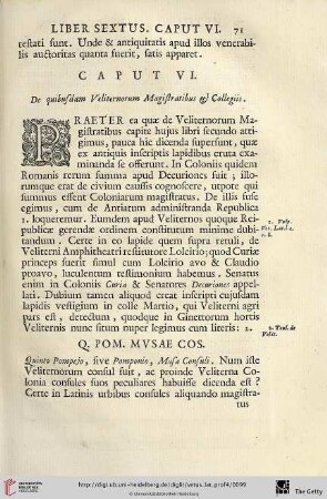 Caput VI: De quibusdam Veliternorum Magistratibus et Collegiis