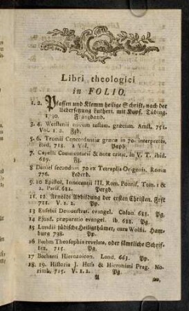 1-12, Libri theologici in Folio. - Libri theologici in Quarto.