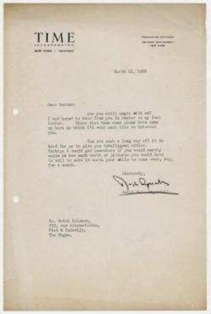 Brief von Ralph Mc Allister Ingersoll, TIME, New York an Erich Salomon