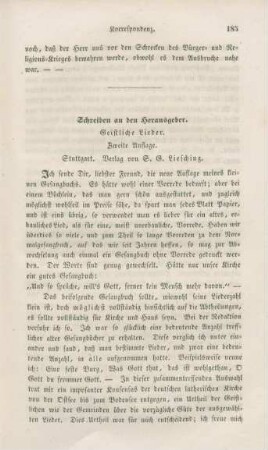 185-187 Korrespondenz : Schreiben an den Herausgeber. Geistliche Lieder