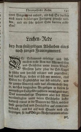 Leichen-Rede bey dem frühzeitigen Absterben eines noch jungen Frauenzimmers.