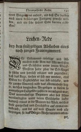 Leichen-Rede bey dem frühzeitigen Absterben eines noch jungen Frauenzimmers.