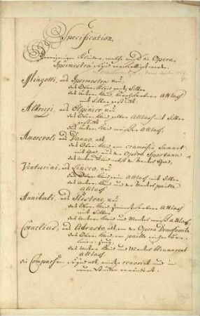 Spezifikation der Kostüme für die Oper "Ipermestra", aufgeführt am 7. Oktober 1751 in Hubertusburg