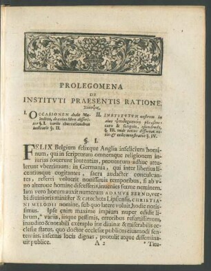 Prolegomena De Instituti Praesentis Ratione