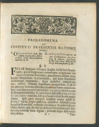 Prolegomena De Instituti Praesentis Ratione