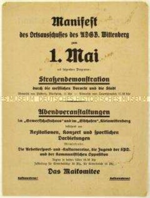 Flugschrift des Allgemeinen Deutschen Gewerkschaftsbundes mit Aufruf zur 1. Mai-Demonstration 1932 in Wittenberg