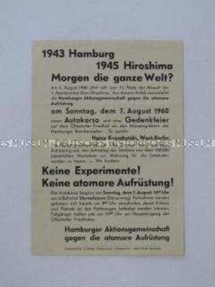 Propagandaflugblatt der Hamburger Friedensbewegung gegen die atomare Aufrüstung der Bundesrepublik mit dem Aufruf zu einer Gedenkfeier