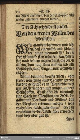Der Achtzehende Artickel. Von dem freyen Willen des Menschen