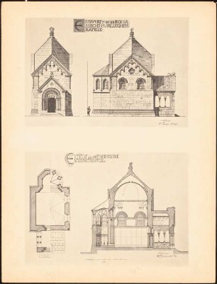 Romanische Wallfahrtskapelle: Grundriss, Ansicht, Seitenansicht, Querschnitt (aus: Drucke von Seminararbeiten der Königlich Technischen Hochschule Berlin, Bd. I)