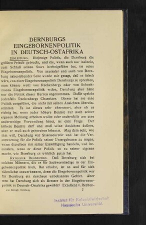 Dernburgs Eingebornenpolitik in Deutsch-Ostafrika