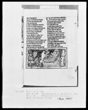 Rudolf von Ems, Weltchronik — Esau am Bette Isaaks, Folio 56recto