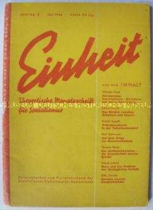 Theoretische Monatszeitschrift des Parteivorstandes der SED "Einheit" u.a. zum Bündnis mit den Bauern