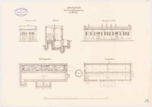 Gymnasium, Kassel Abtrittsgebäude: Grundriss KG, EG, Querschnitt, Seitenansicht und Längenansicht 1:100