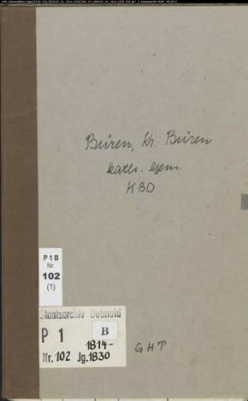 Kirchenbuchduplikat der katholischen Gemeinde Büren, Kreis Büren (GHT 1814-1830). (Gemeinde: Katholische Gemeinde Büren)