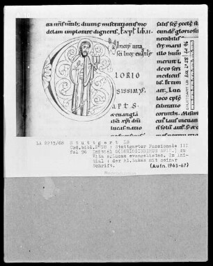 Stuttgarter Passionale — Ergänzungsband — Initiale G (loriosissimus apostolus), darin der Apostel Lukas, Folio 96recto