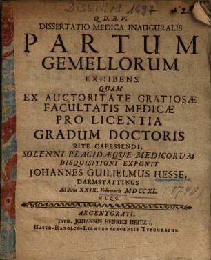 Dissertatio Medica Inauguralis Partum Gemellorum Exhibens