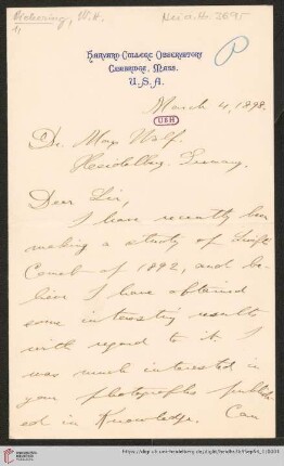 Briefe von William Henry Pickering an Max Wolf: Brief von William Henry Pickering an Max Wolf