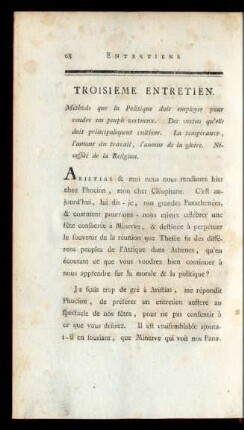 Troisieme entretien. Méthode que la Politique doit employer pour rendre un peuple vertueux ...