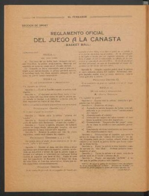 Reglamento oficial del juego a la canasta (basket ball) - (Continuación) : Sección de sport