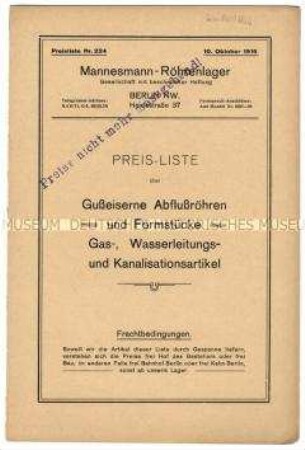 Preisliste über gusseiserne Abflussrohre und Wasserleitungsartikel