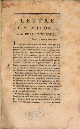 Lettre de M. Malouet à M. de Lally-Tolendal
