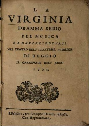 La Virginia : Dramma serio per musica