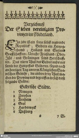 Verzeichnuß Der Sieben vereinigten Provintzen im Niederland