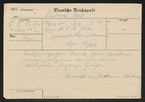 Brief von Oswald von Hoyningen-Huene und Gudrun Hoyningen-Huene an Gerhart Hauptmann