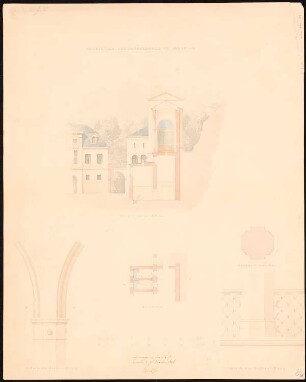 Badezellen und Brunnenhalle, Bertrich: Schnitt, Teilgrundriss, Details