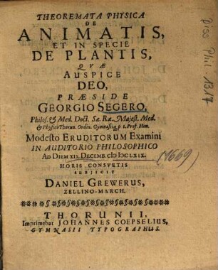 Theoremata Physica De Animatis, Et In Specie De Plantis
