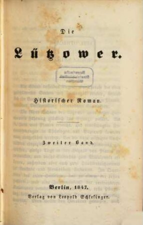 Die Lützower : historischer Roman. 2