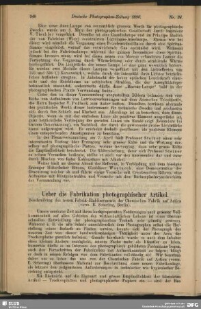 Ueber die Fabrikation photographischer Artikel