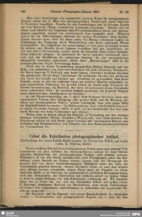 Ueber die Fabrikation photographischer Artikel