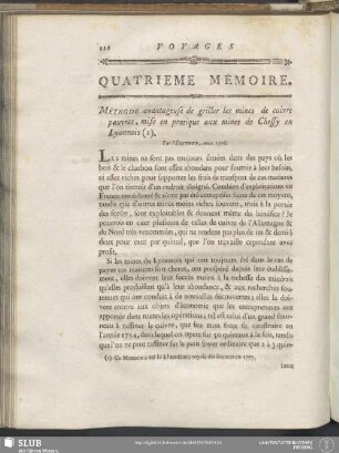 Quatrieme Mémoire. Méthode avantageuse de griller les mines de cuivre pauvres, mise en pratique aux mines de Chessy en Lyonnois