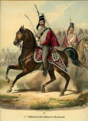Uniformdarstellung, Offizier und Husaren des 5. (Blüchersches) Husaren-Regiments, Preußen 1843/1845. Aus: Sachse: Das Preussische Heer. Tafel 20.