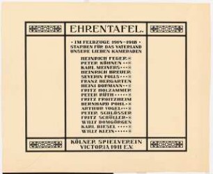 Unzugeordnete Friedhof-Projekte: Ehrentafel der im Krieg (1914-1918) Gefallenen des Kölner Spielvereins Victoria 1911 e.V.