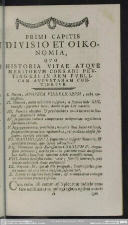 Primi Capitis Divisio Et Oikonomia, Quo Historia Vitae Atque Meritorum Conradi Peutingeri In Rem Publicam augustanam Continetur