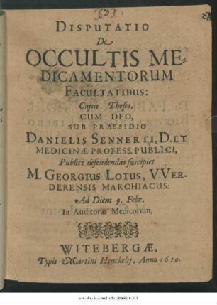 Disputatio De Occultis Medicamentorum Facultatibus