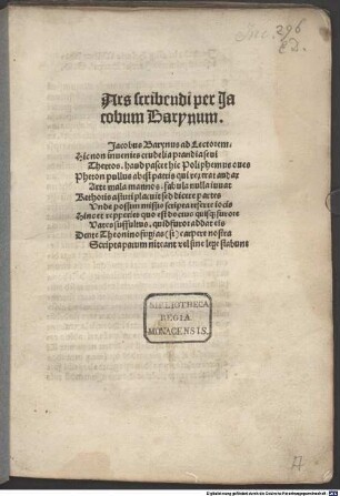 Ars scribendi : mit Widmungsbriefen an Hilarius Wilde, Leipzig 30.7. 1494 und 26.8.1494, und Gedichten an den Leser und Hilarius Wilde vom Autor