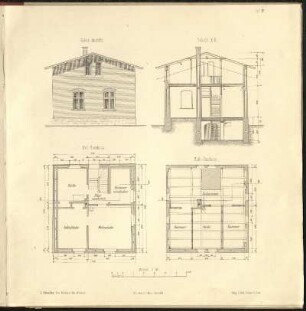 Tafel IV: Beispiel eines Arbeiterwohnhauses, Ansicht, Schnitt, Grundriss