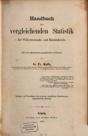 Handbuch der vergleichenden Statistik der Völkerzustands- und Staatenkunde : für den allgemeinen praktischen Gebrauch