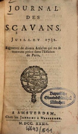 Journal des sçavans. 1732, [3]. Juillet - Sept.