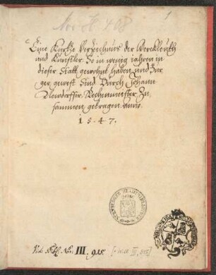 Neudörffer, Johann: Nachrichten von Künstlern und Werkleuten zu Nürnberg – Nürnberg, STN, Nor. H. 408