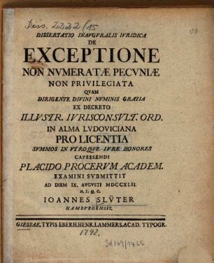 Dissertatio inauguralis iuridica de exceptione non numeratae pecuniae non privilegiata ...